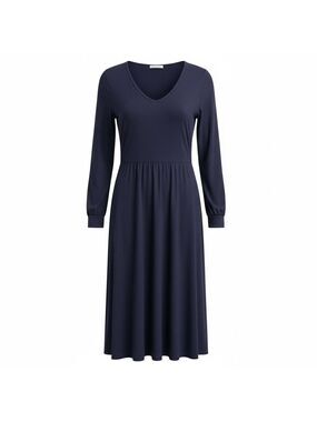 Halara Breezeful V Neck Bishop Long Sleeve Flare Midi Dress Navy NWT Small